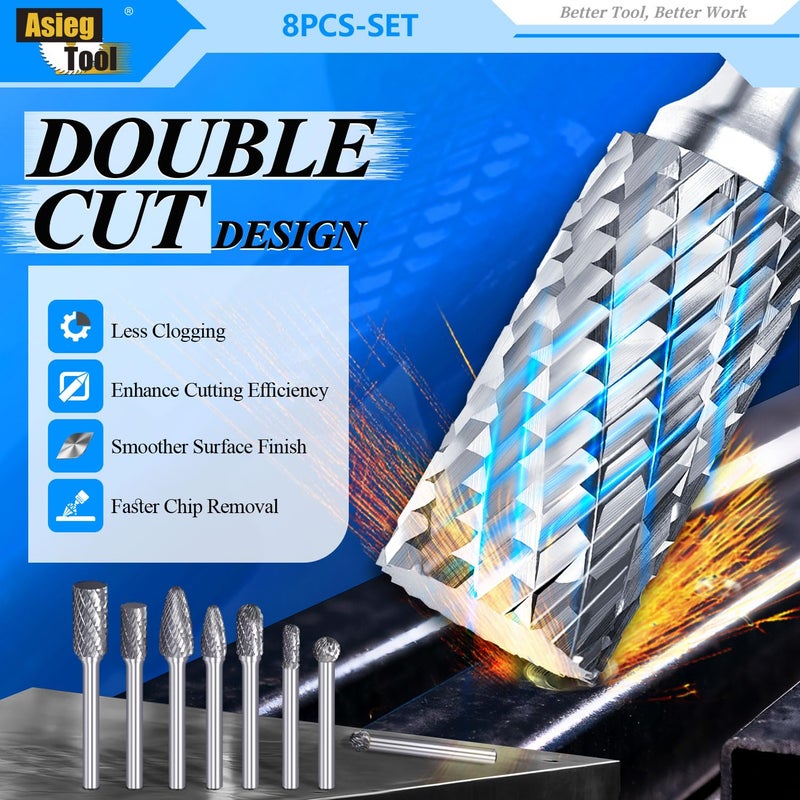 Asieg Tool Carbide Burr Set 8pcs with 1/4''Shank Double Cut Solid Power Tools Tungsten Carbide Rotary Files Bits for Die Grinder Metal Wood Carving Engraving Polishing Drilling Grinding Milling Cutting - Image 4